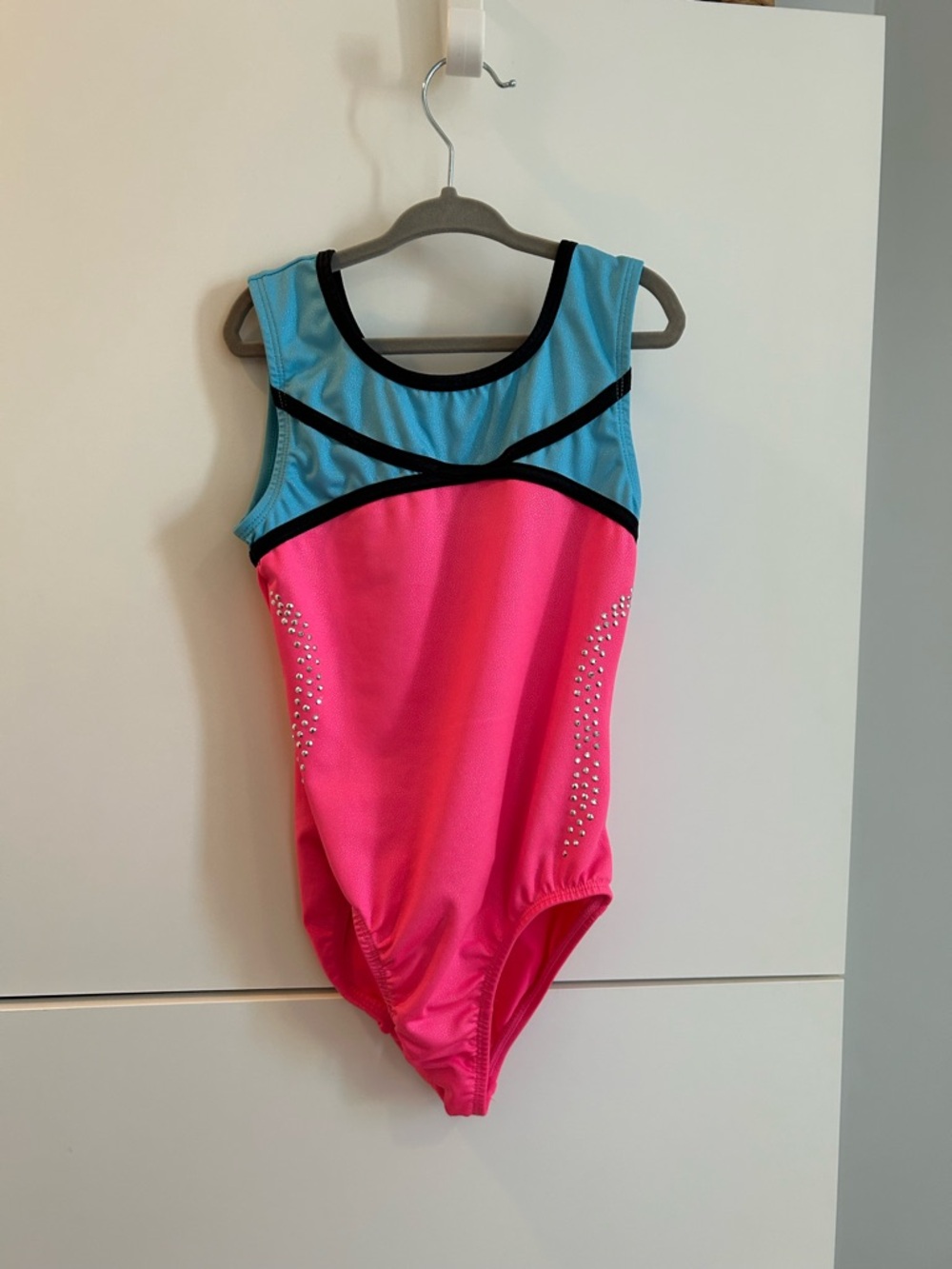 Freestyle Pink and Aqua Sleeveless Leotard with Black Trim - Size 7/8